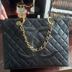CHANEL Black Quilted Tote with Gold Chain